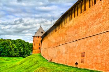 Defensive walls of Novgorod Detinets in Veliky Novgorod, Russia