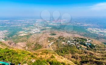 Panorama of Manchi Haveli Village and Champaner historical city from Pavagadh Hill. Gujarat State of India