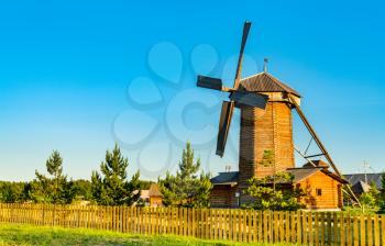 Traditional wooden windmill at Bolgar. UNESCO world heritage in Tatarstan, Russia