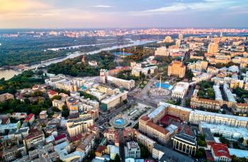Aerial view of Independence Square - Maidan Nezalezhnosti and other landmarks in central Kiev, Ukraine