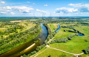 Aerial view of the Seym River at Baturyn in Chernihiv Oblast of Ukraine