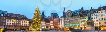 Panorama of Place Kleber with the Christmas Tree and Market in Strasbourg - Alsace, France