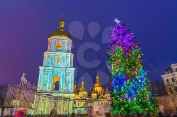 Christmas tree and Saint Sophia Cathedral, a UNESCO world heritage site in Kiev, the capital of Ukraine