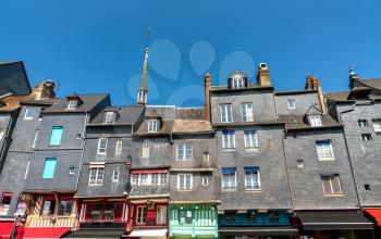 Traditional houses in the harbour of Honfleur town. Calvados, Normandy, France