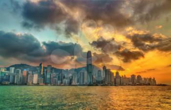 Sunset above Victoria Harbour in Hong Kong, China