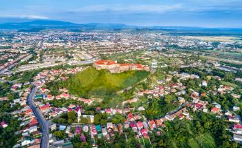 Aerial view of Mukachevo with the Palanok Castle in Zakarpattia, Ukraine
