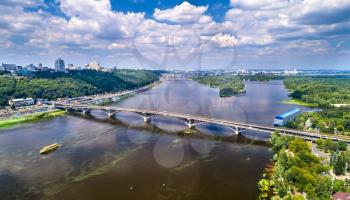 Aerial view of the Metro Bridge across the Dnieper river in Kiev, the capital of Ukraine