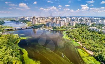 Aerial view of the Dnieper river in Kyiv, the capital of Ukraine