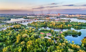 Aerial panorama of Trukhaniv Island on the Dnieper river in Kiev, Ukraine