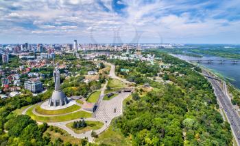 Aerial view of the Motherland Monument and Pechersk Lavra in Kiev, the capital of Ukraine