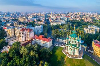 Aerial view of Saint Andrew church. The old town of Kiev, Ukraine