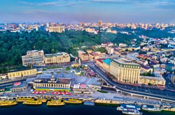 Aerial view of River Port, Podil and Postal Square in Kiev, the capital of Ukraine