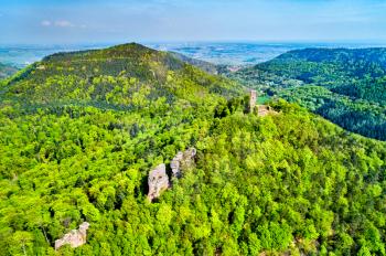 Aerial view of Scharfenberg Castle in the Palatinate Forest. Major tourist attraction in Rhineland-Palatinate State of Germany