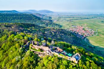 Aerial view of Madenburg Castle in the Palatinate Forest. Tourist attraction in Rhineland-Palatinate State of Germany
