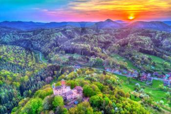 Sunset above Berwartstein Castle in the Palatinate Forest. Rhineland-Palatinate State of Germany