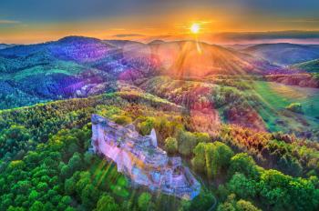 Sunset abouve Fleckenstein Castle in the Northern Vosges Mountains - Bas-Rhin, Alsace, France