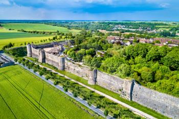 Aerial view of the city walls of Provins, a town of medieval fairs and a UNESCO World Heritage Site. The Seine-et-Marne department of France