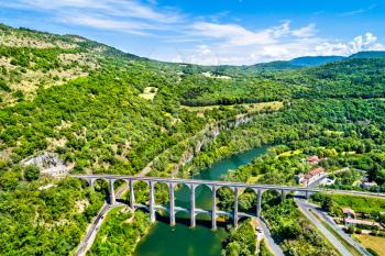 The Cize-Bolozon rail and road viaduct across the Ain gorge in France