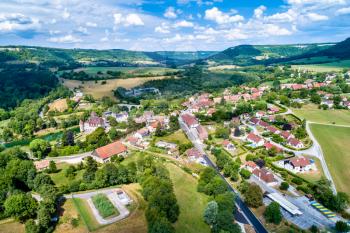 Aerial view of Cleron, a village in the Doubs department of France famous for its castle.