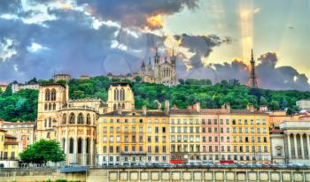 View of the Lyon Cathedral and the Basilica of Notre-Dame de Fourviere. Lyon - Auvergne-Rhone-Alpes, France