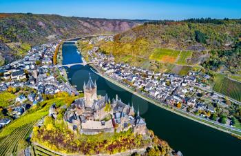 Aerial view of Reichsburg Cochem, a famous castle in Rhineland-Palatinate, Germany
