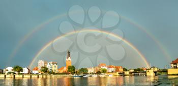 Double rainbow above Elblag town in the Warmian-Masurian Voivodeship of Poland