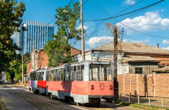 Old soviet city tram in Krasnodar, Russian Federation