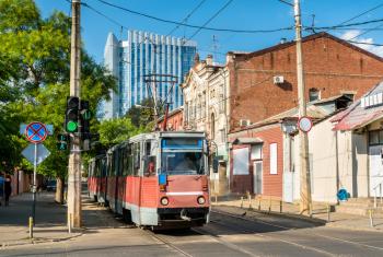 Old soviet city tram in Krasnodar, Russian Federation