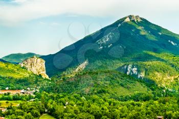 View of the Rock with the Chapel of Our Lady on top. Castellane - Alpes-de-Haute-Provence, France