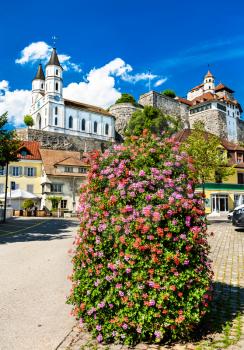 Aarburg Castle with church in the canton of Aargau, Switzerland