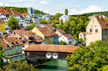 Wooden bridge across the Limmat river in Baden - Aargau, Switzerland