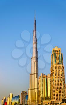 DUBAI, UAE - DECEMBER 31: Evening view of Burj Khalifa tower in Dubai on December 31, 2015. Burj Khalifa is the tallest structure in the world (828 m)