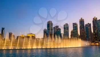 Choreographed Dubai Fountain in the evening - UAE