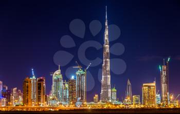 Night view of Dubai Downtown with Burj Khalifa