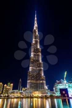 DUBAI, UAE - DECEMBER 28: Night view of Burj Khalifa tower in Dubai on December 28, 2015. Burj Khalifa is the tallest structure in the world (828 m)