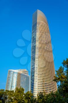 ABU DHABI, UAE - DECEMBER 29: The Landmark, a postmodern supertall skyscraper on December 29, 2015. The tower 324 meters tall was opened in 2012