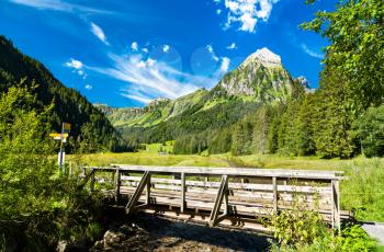 Bridge over the Sulzback creek and the Brunnelistock mountain at Obersee Valley in the Swiss Alps
