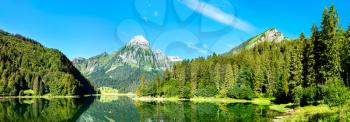View of Brunnelistock mountain at Obersee lake in the Swiss Alps
