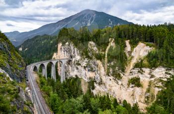 Aerial view of the Landwasser Viaduct in the Swiss Alps