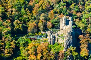 View of Rheinstein Castle in the Upper Middle Rhine Valley. UNESCO world heritage in Germany