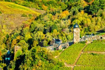 The Round Tower and vineyards at Zell the Moselle in Rhineland-Palatinate, Germany