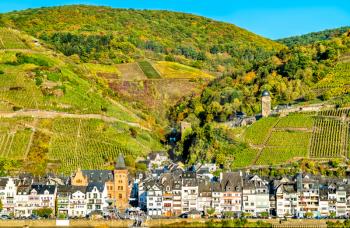 View of Zell town on the river Moselle in the Rhineland-Palatinate State of Germany