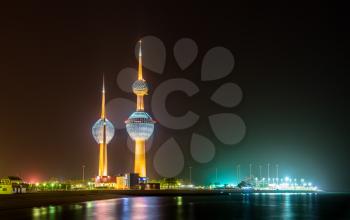 View of the Kuwait Towers at night. Kuwait City, the Middle East