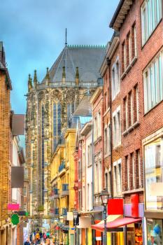 Street in the old town of Aachen leading towards the Cathedral. Germany, North Rhine-Westphalia