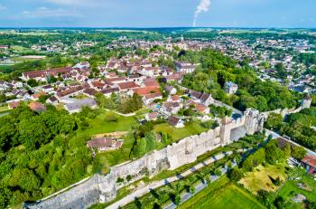 Aerial view of Provins, a town of medieval fairs and a UNESCO World Heritage Site. The Seine-et-Marne department of France