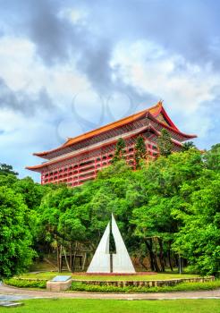 The Grand Hotel, a Chinese classical building, and a war memorial in Taipei, Taiwan