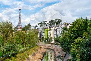 Dalat, Vietnam - July 21, 2019: View of Light Park and Eiffel Tower. The architecture of Da Lat is dominated by the style of the French colonial period.