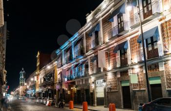 Traditional buildings in Puebla, Mexico, at night