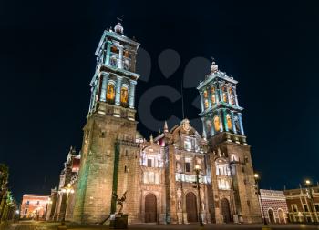Puebla Cathedral in Mexico at night. Latin America