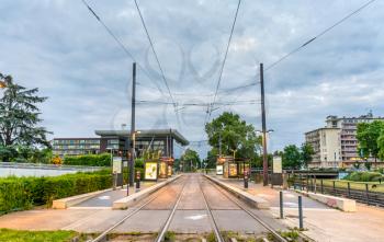 Strasbourg, France - June 17, 2017: Droits de l'Homme Tram Station in the European District of Strasbourg. Named after the nearby European Court of Human Rights